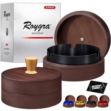 Imagem de roygra Cinzeiro externo para pátio externo (pacote com 2), cinzeiro de madeira e metal à prova de vento sem fumaça com tampa, decoração de mesa doméstica, decorações de pátio portáteis ao ar livre