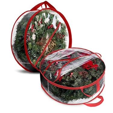 Imagem de ProPik Bolsa de armazenamento de guirlanda de Natal – Pacote com 2 recipientes de armazenamento de guirlanda de Natal artificial – Suporte de armazenamento de guirlanda de Natal – PVC transparente à