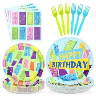 Imagem de Greencian 96 peças de suprimentos de festa de aniversário de monstros coloridos pratos e guardanapos descartáveis com tema de monstro conjunto de utensílios de mesa para decoração de chá de bebê de