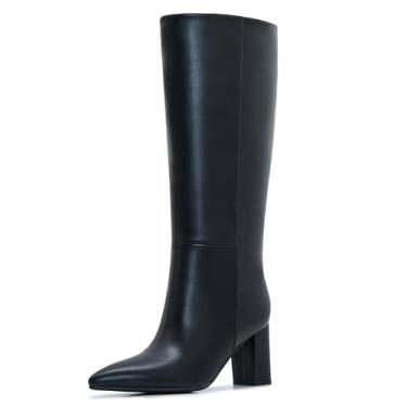 Imagem de Aizhenzm Botas de cano longo até o joelho para mulheres, plus size, zíper lateral, couro, salto grosso, bico fino, altura, Preto, 7 Wide