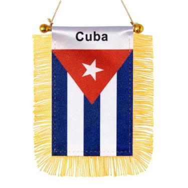 Imagem de JBSJBS Bandeira suspensa de Cuba mini bandeiras de janela de carro cubano pequenas bandeiras de espelho retrovisor decoração bandeiras de Cuba com ventosa com franjas douradas dupla face 7,6 x 12,7 cm