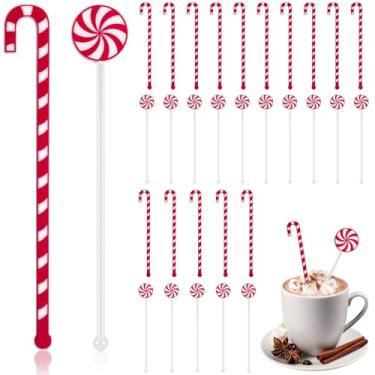 Imagem de FYSUIMU 40 peças de mexedores de bebidas de Natal, palitos de Natal, vermelho, branco, pirulito, bengala de doce, reutilizável, coquetel, café, bebida, palitos para barras de chocolate quente e cacau