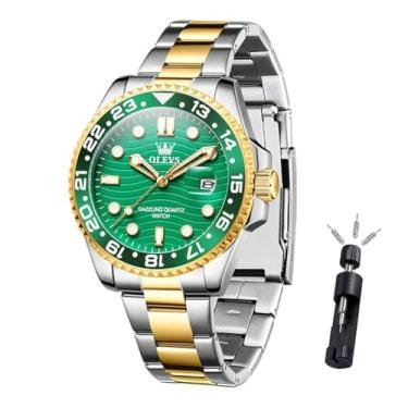 Imagem de OLEVS Relógio Masculino de Luxo, Analógico, Quartzo, Aço Inoxidável, Luminoso, À Prova D'água, Data, Dois Tons, Casual, Homem, G3610 - Prata, Ouro e Verde, Redondo