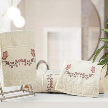 Imagem de Jogo de Toalhas Döhler Bordada com Renda Guipir - 2 Peças (Banho e Rosto) - Algodão, 400g/m², Toque Aveludado, Alta Absorção