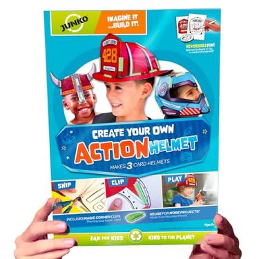 Imagem de JUNKO Kit de artesanato de capacete infantil faça você mesmo – construa e decore 3 capacetes de papelão (bombeiro, viking, espaço) – idades 5 – 10 anos – reciclado, reutilizável – atividade criativa