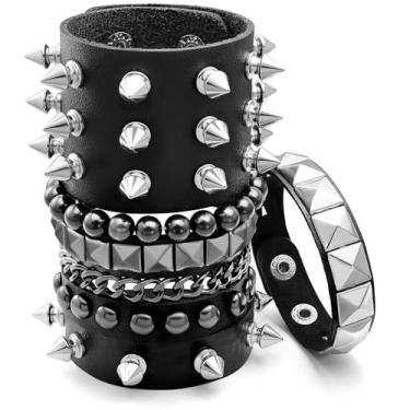 Imagem de Aswitnove Conjunto de 6 pulseiras punk rock cravejadas com cravos para mulheres e homens anos 80 Alt Gótico Grunge Emo pulseiras acessórios retrô frisado estrela Y2K pulseira de botão de pressão PU
