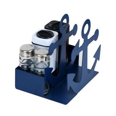 Imagem de Porta-guardanapos de metal com âncora náutica (azul) – Organizador independente de toalhas de papel com suporte de armazenamento de saleiro e pimenteiro, decoração de mesa rústica para cozinha ou