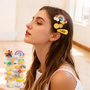 Imagem de Conjunto de acessórios de cabelo infantil com 14 peças: presilhas coloridas de arco-íris, alfinetes, frutas doces, borboletas para penteados elegantes para crianças (amarelo)