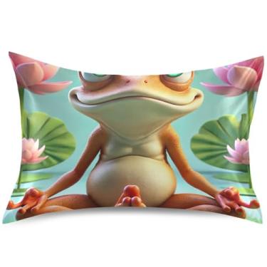 Imagem de Capa de almofada divertida de cetim fofa de sapo de ioga capa de travesseiro floral padrão king queen decoração de quarto estética, tamanho king, 101,6 cm x 50,8 cm