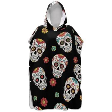 Imagem de Joisal Poncho de surfe preto floral com caveiras de açúcar para adultos roupão de banho com capuz toalha de banho plus size homens mulheres poncho com capuz