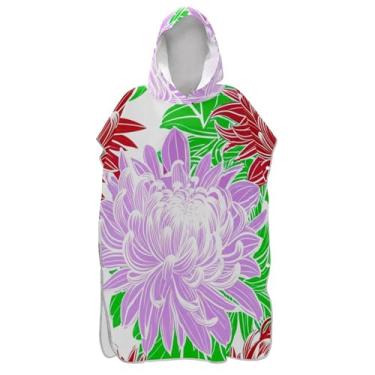Imagem de TSENQUE Roupão de trocador de poncho de surfe para adultos toalhas de banho com capuz reutilizáveis roxo crisântemo flores ponchos de praia para homens