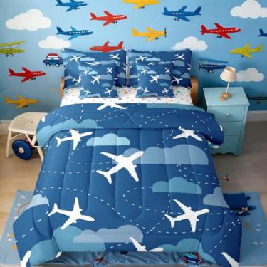 Imagem de Erosebridal Jogo de cama de casal com desenho animado de avião, 7 peças, para crianças e adultos, nuvens brancas e céu azul, conjunto de cama com trilhas, trilhas, transporte