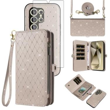 Imagem de Asuwish Capa de celular para Samsung Galaxy S24 Ultra 5G Carteira com zíper destacável com protetor de tela de vidro temperado, alça flip com glitter, compartimento para cartão S24Ultra 24S S 24