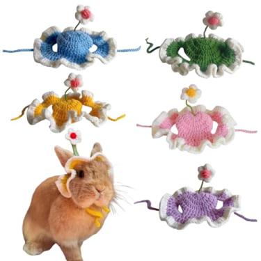 Imagem de 5 peças de chapéu de coelho de estimação, gorro de lã torcida à mão, capuz de malha floral fofo quente de inverno, adequado para coelhos, furões, porquinhos-da-índia e outros animais pequenos (médio)