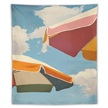 Imagem de Tapeçaria colorida para guarda-sóis de praia rosa laranja verde dossel cena céu azul pintura a óleo estilo parede decoração náutica para casa para sala de estar quarto vibe alegre tapeçaria 70 x 90