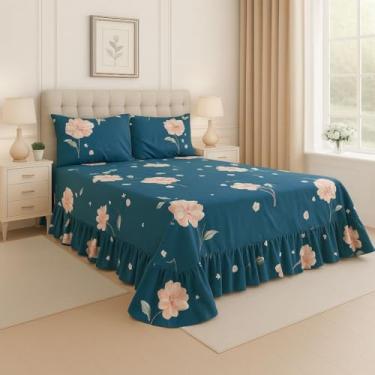 Imagem de Kit Lençol Queen 3 Peças Micropercal Toque de Algodão com Babado e Fronhas Premium (Azul Imperial - Flores Brancas)