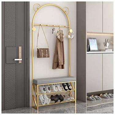 Imagem de Cabideiro de roupas resistentes com banco estofado e suporte para casaco resistente independente com suporte de armazenamento de sapatos para boutiques, pode pendurar jaqueta, chapéu, cachecol/C/60 x