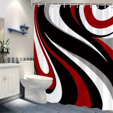 Imagem de Cortina de chuveiro de linha geométrica abstrata vermelha preta moderna em tecido de poliéster impresso cortinas de chuveiro ganchos de decoração de banheiro 47 x 84 pol. - 120 x 213 cm/L x A cortina