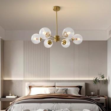 Imagem de Luminária pendente estilo moderno de meados do século XX, lustre de 6 luzes dourado estilo Sputnik, luminária de teto vintage verde, lustre de latão escovado, lustres com globos de vidro par