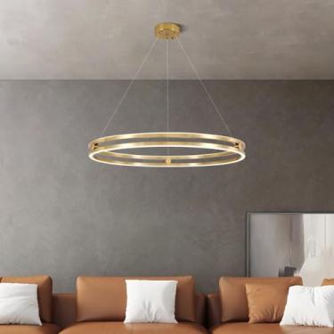 Imagem de Luminária pendente Ring para mesa de jantar, moderna, em metal, com LED, dimerizável, com controle remoto e altura ajustável, ideal para sala de estar, sala de jantar e quarto (Dourada, ≤60c