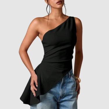 Imagem de Blusa Feminina Assimétrica Um Ombro Só Regata Suplex Babado Lateral Mo