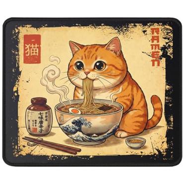 Imagem de Pawpy Mate Mouse pad de gato Ramen japonês, arte Ukiyo-e vintage, fofo laranja tabby comendo macarrão, decoração de mesa de escritório de anime kawaii, presente engraçado para amantes de gatos, 24 x