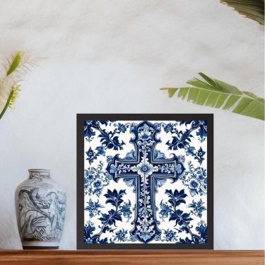 Imagem de Quadro Cruz Estilo Azulejo Português Azul E Branco - 33X33Cm