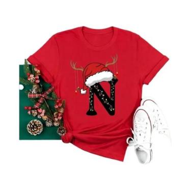 Imagem de Camiseta Feminina Vermelha De Natal Com Alfabeto 26 A-Z Casual Fashion