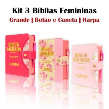 Imagem de Kit 3 Bíblias Letra Grande Feminina com Harpa - Botão e Caneta RC - RE