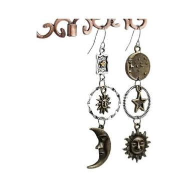 Imagem de Brincos Pendentes Assimétricos De Cobre Antigo Com Estrela E Lua Para 