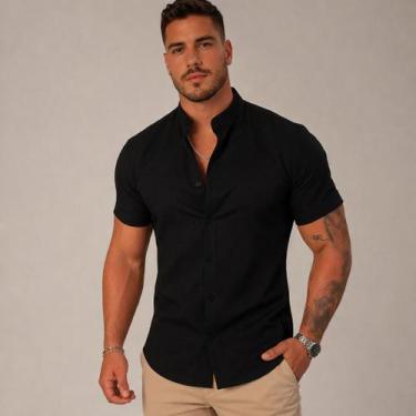 Imagem de Camisa Masculina Gola Padre Manga Curta Slim - Volgue, Preto, P
