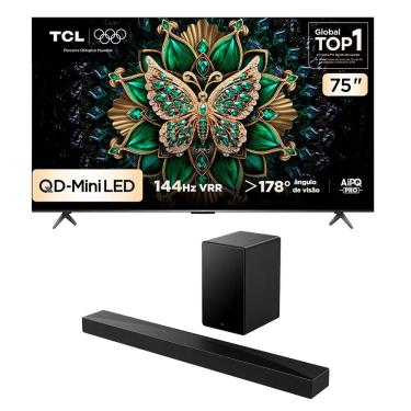 Imagem de Combo Smart TV TCL 75 QLED Mini LED 4K C6K WiFi 144Hz 75C6K e Soundbar TCL Subwoofer 5.1 Q65H