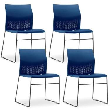 Imagem de Kit 04 Cadeiras Fixa Base Preta Empilhável Connect Azul Marinho - Lyam