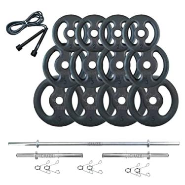 Imagem de Kit Anilhas Ferro Fundido 40 Kg + Barras Com Presilha+ Corda Cinza