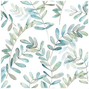 Imagem de HaokHome Papel de parede Boho para destacar e colar Ramo de eucalipto branco/verde/azul Bastão removível na decoração da casa 45 x 300 cm