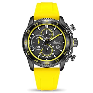 Imagem de MEGIR Relógio masculino analógico esportivo com cronógrafo luminoso de quartzo com pulseira de silicone elegante para presentes 2211, Amarelo