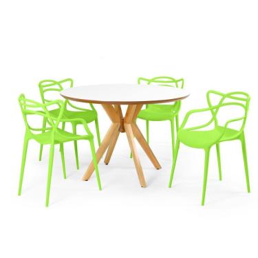 Imagem de Conjunto Mesa de Jantar Redonda Marci Premium Branca 120cm com 4 Cadeiras Allegra - Verde