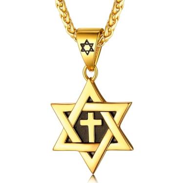 Imagem de ChainsHouse Colar Magen Estrela de Davi para homens e mulheres, aço inoxidável/hexagrama banhado a ouro 18 K/pingente de etiqueta de cachorro, joia judaica israelense, Metal, Sem Pedra Preciosa