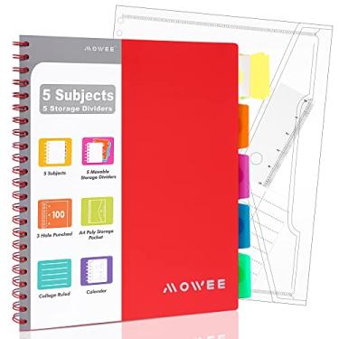 Imagem de MOWEE Caderno espiral – Caderno com 5 matérias, caderno pautado para faculdade, 3 furos perfurados com divisórias, bolsos de armazenamento, régua de 28 cm, 200 páginas, para escrever diário, casa e