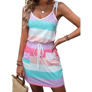 Imagem de Camisa Feminina Colorblock Tie Shoulder Pocket Patched Cami Dress (Color : Multicolor, Size : XL)