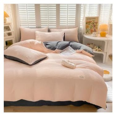 Imagem de Jogo de cama queen size macio, 4 peças, capa de edredom de cor lisa, lençol de cima com fecho de zíper, lençóis de cama (lençol grande de solteiro rosa)
