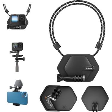 Imagem de TELESIN Suporte magnético no peito com alça de pescoço + suporte de telefone + tripé magnético base de liberação rápida para GoPro Max 12 11 10 Insta360 DJI Action Accessories