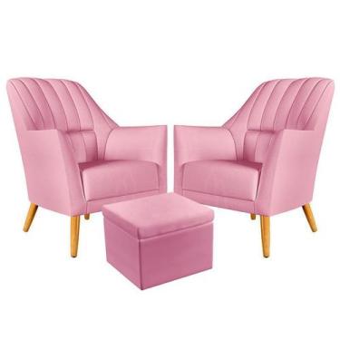 Imagem de Kit 2 Poltronas Decorativa Orion Bordada com Puff Quasar Sued Rosê Ara