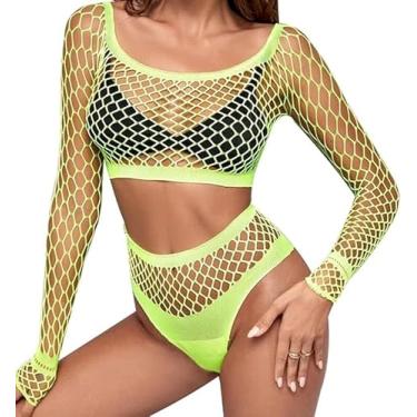 Imagem de TOYTEM Body arrastão sexy e lingerie arrastão, roupas de stripper para mulheres, vestido transparente plus size, Verde neon, Universal