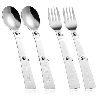 Imagem de Conjunto de 4 peças de garfo e colher dobrável, colher e garfo dobrável de aço inoxidável, utensílios de mesa portáteis para uso ao ar livre, compatível com Thermos Funtainer, pote de comida de 473 ml