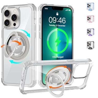 Imagem de WPCase Capa transparente para iPhone 13 Pro com suporte magnético giratório 360 [compatível com MagSafe], capa de grau militar resistente com suporte de anel para mulheres e homens, transparente