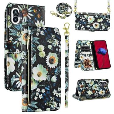 Imagem de Dswteny Capa tipo carteira para celular Nothing Phone 1 One com alça de pulso destacável, 9+ compartimentos para cartões, bolsa com zíper, flip de couro floral, suporte para cartão, capa de celular