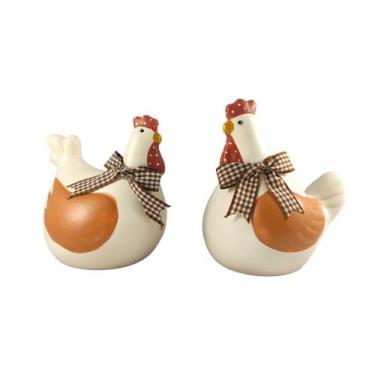 Imagem de Enfeite Decorativo Casal Galo e Galinha com Laco Laranjado - Decore Ca