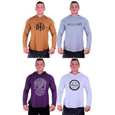 Imagem de Kit 4 Camisetas Manga Longa com Touca Longline Estampada Fitness Musculação Dia-a-Dia-Masculino