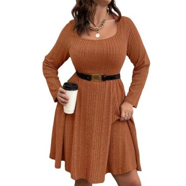Imagem de Vestido feminino plus size casual gola quadrada manga lanterna longa gravata cintura pulôver pulôver solto, Brownwhn0-cinto, XGG